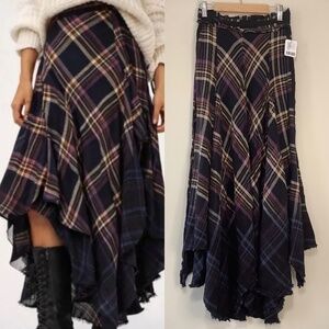 Free People Ombré Dip-dyed Plaid Maxi Skirt Frayed Hem Purple Red Black